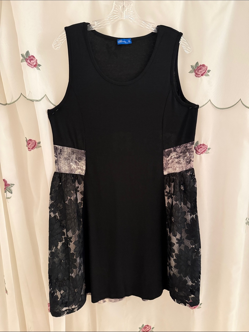 Black Sleeveless Midi Dress with Lace Panels
